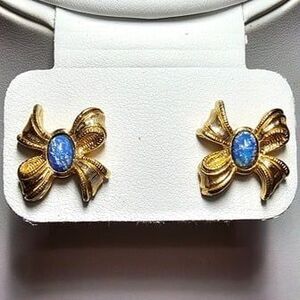 Vintage AVON Gold Tone Bow Earrings with Faux Blue Opal Center Stones